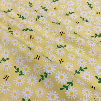 Tecido Tricoline Floral Margarida e Abelhas Fundo Amarelo