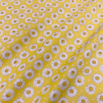 Tecido Tricoline Floral Margaridas Fundo Amarelo