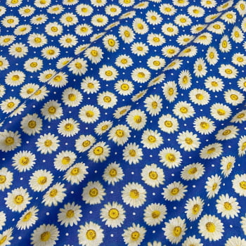 Tecido Tricoline Floral Margaridas Fundo Azul Royal