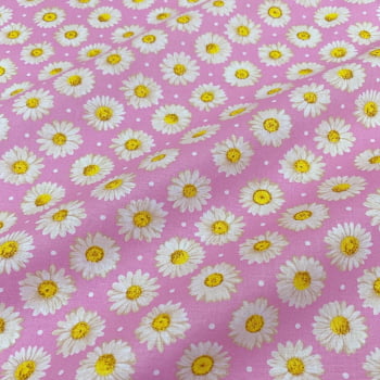Tecido Tricoline Floral Margaridas Fundo Rosa