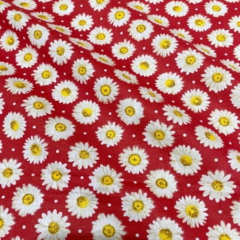 Tecido Tricoline Floral Margaridas Fundo Vermelho