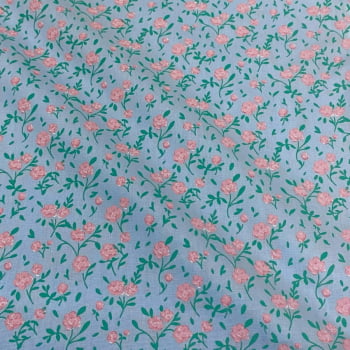 Tecido Tricoline Floral Mini Rosas Fundo Azul Bebe