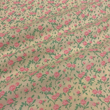 Tecido Tricoline Floral Mini Rosas Fundo Cru Marfim