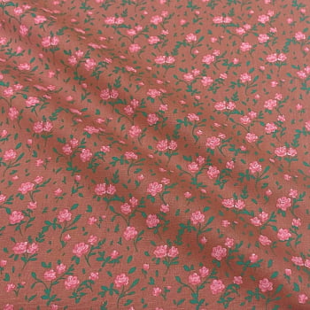 Tecido Tricoline Floral Mini Rosas Fundo Rose Escuro