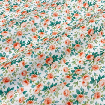 Tecido Tricoline Floral Mini Rosas Salmão Fundo Branco