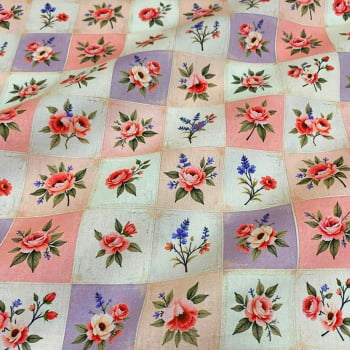 Tecido Tricoline Floral Quadradinhos Rosa Lilás Cru