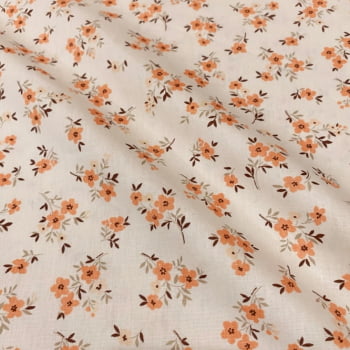 Tecido Tricoline Floral Ramalhete de Flor Laranja Fundo Cru Tecido Tricoline Floral Ramalhete de Flor Laranja Fundo Cru