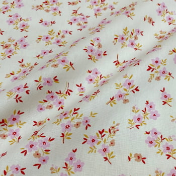 Tecido Tricoline Floral Ramalhete de Flor Rosa Fundo Cru