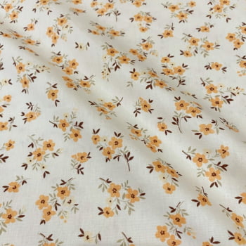 Tecido Tricoline Floral Ramalhete de Flor Laranja Fundo Cru