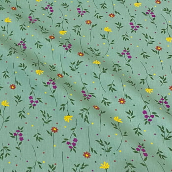 Tecido Tricoline Floral Ramo de Flores Fundo Verde Medio