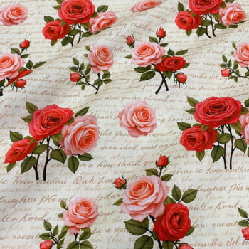 Tecido Tricoline Floral Romântico Rosas Vermelhas e Rose Fundo Palavras