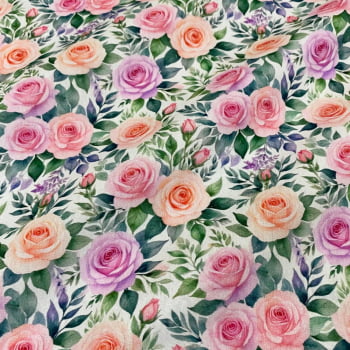 Tecido Tricoline Floral Rosas e Folhas Fundo Cru