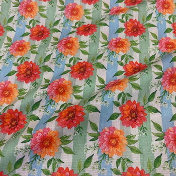 Tecido Tricoline Floral Tropical Flores Dispersas Fundo Listras 