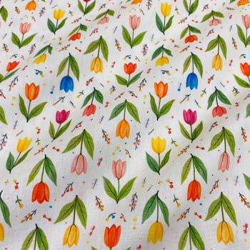 Tecido Tricoline Floral Tulipas Coloridas Fundo Cru