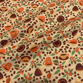 Tecido Tricoline Fruto Grão e Xicara de Café