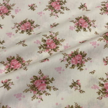 Tecido Tricoline Mini Floral Bouquet Romântico Rosa e Folhas Tecido Tricoline Mini Floral Bouquet Romântico Rosa e Folhas