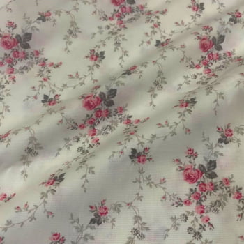 Tecido Tricoline Mini Floral e Folhas Romântico Rosa e Folhas Prata Tecido Tricoline Mini Floral e Folhas Romântico Rosa e Folhas Prata