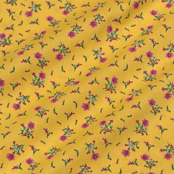 Tecido Tricoline Mini Floral Pink Fundo Amarelo