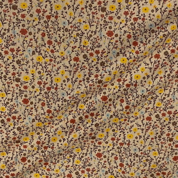 Tecido Tricoline Mini Floral Vintage Colorido Fundo Bege