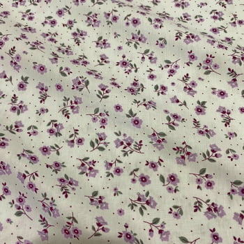 Tecido Tricoline Mini flores Lilas  fundo branco