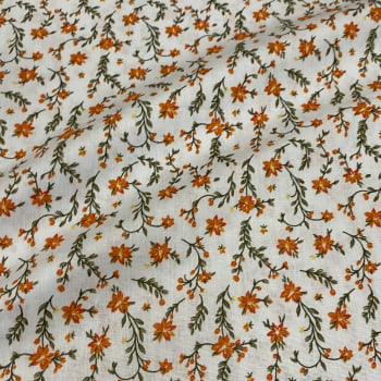 Tecido Tricoline Mini Ramalhete de Flor Laranja Fundo Branco