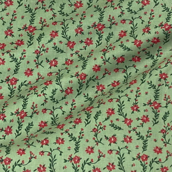 Tecido Tricoline Mini Ramalhete de Flor Rosa Fundo Verde