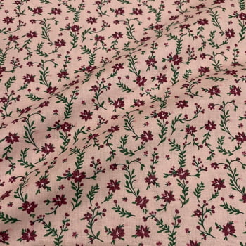 Tecido Tricoline Mini Ramalhete de Flor Roxa Fundo Rosa