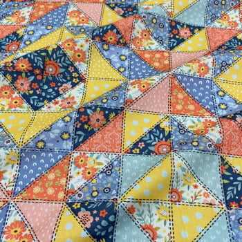 Tecido Tricoline Recortes Patchwork Floral Azul Laranja Amarelo