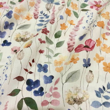 Tecidos Tricoline flores e folhas aquarela