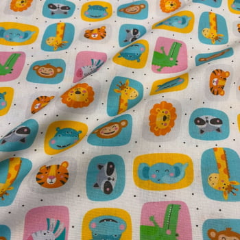 Tecido Tricoline Bichinhos Safari Enquadrado Fofo Fundo Branco Tecido Tricoline Bichinhos Safari Enquadrado Fofo Fundo Branco