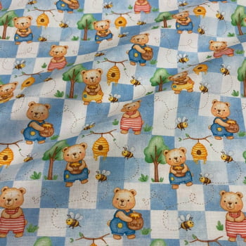 Tecido Tricoline  Bichinhos Ursinhos e Mel Fundo Quadriculado Azul