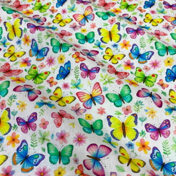 Tecido Tricoline Borboletas Coloridas Fundo Branco