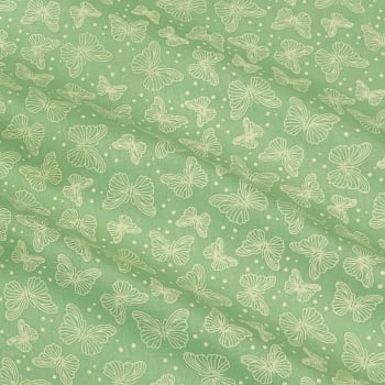 Tecido Tricoline Borboletas Cru Fundo Verde Menta