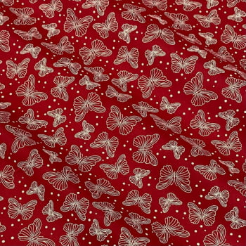 Tecido Tricoline Borboletas Cru Fundo Vermelho