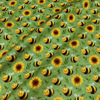Tecido Tricoline Digital Abelhinhas Fundo Verde Coleção Honey
