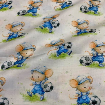 Tecido Tricoline Digital Bichinhos Aventuras do Ratinho Jogador Tecido Tricoline Digital Bichinhos Aventuras do Ratinho Jogador