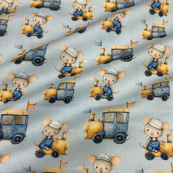 Tecido Tricoline Digital Bichinhos Aventuras do Ratinho no Trem