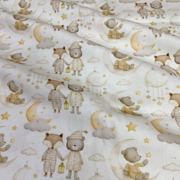 Tecido Tricoline Digital Bichinhos de Pijama Lua Estrelas Bege Amarelo (Bed Time)