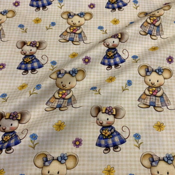 Tecido Tricoline Digital Bichinhos Ratinhas Coleção Bichinhos Blue Lavender