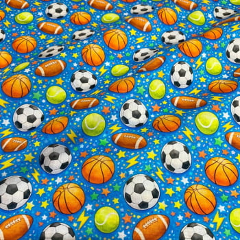 Tecido Tricoline Digital Bolas Futebol Americano Basquete Tenis Fundo Azul Tecido Tricoline Digital Bolas Futebol Americano Basquete Tenis Fundo Azul