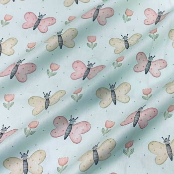 Tecido Tricoline Digital Borboletas e Tulipas Aura Flow