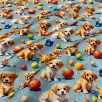 Tecido Tricoline Digital Cachorrinhos e Bolinhas Tecido Tricoline Digital Cachorrinhos e Bolinhas