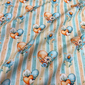 Tecido Tricoline Digital Corações e Flores Fundo Listra Azul Laranja (Baby Bears) Tecido Tricoline Digital Corações e Flores Fundo Listra Azul Laranja (Baby Bears)