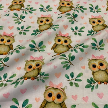 Tecido Tricoline Digital Corujinhas De Laço Rosa Fundo Branco Tecido Tricoline Digital Corujinhas De Laço Rosa Fundo Branco