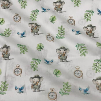 Tecido Tricoline Digital Elefante Explorador e Passaros Baby Fundo Branco