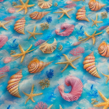 Tecido Tricoline Digital Estrelas e Conchas Coleção Oceano 