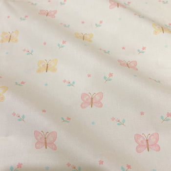 Tecido Tricoline Digital Flores e Borboletas Rosa Amarelo Fundo Cru (Baby Garden) Tecido Tricoline Digital Flores e Borboletas Rosa Amarelo Fundo Cru (Baby Garden)