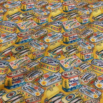 Tecido Tricoline Digital Latas de Sardinha Amarela Coleção Sardinhas Tecido Tricoline Digital Latas de Sardinha Amarela Coleção Sardinhas