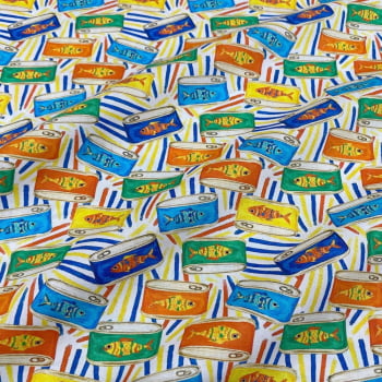 Tecido Tricoline Digital Latas de Sardinhas Coloridas