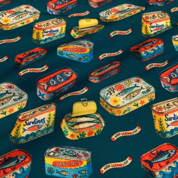 Tecido Tricoline Digital Latinhas Fundo Azul Petróleo Coleção Sardinhas  